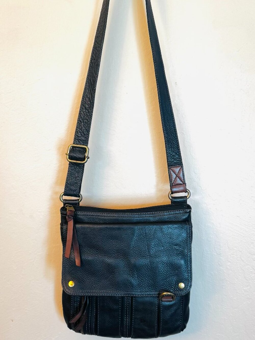 Fossil Morgan Traveler Black Soft Pebble Leather Organizer Crossbody Bag READ